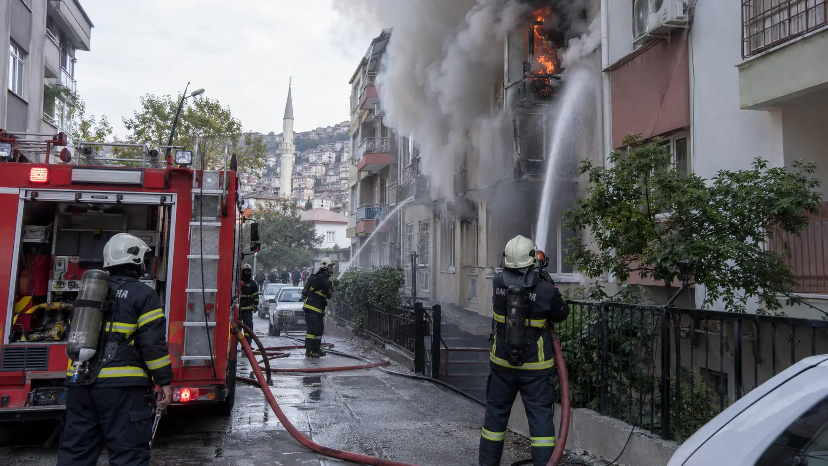 Akçaabat Yaylacık Mahallesi'nde iki binanın çatısında alevler yükseliyor